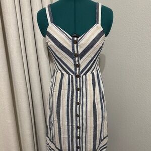 Midi Length Linen Button down Dress w/ adjustable straps.